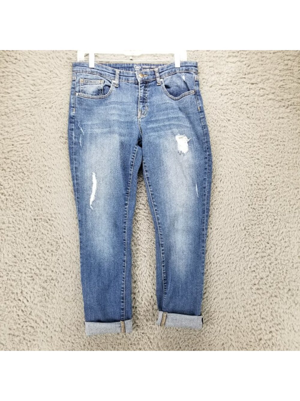 GAP Jeans Womens 8/29R Blue Stretch Distressed Denim Skinny Rolled Cropped *Read